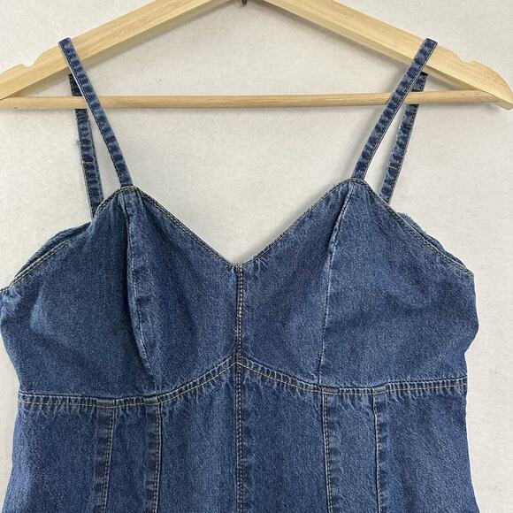 Y2K Denim Wide Leg Jumpsuit Womens M Blue Spaghetti Strap Back Zipper Pockets - Picture 3 of 14